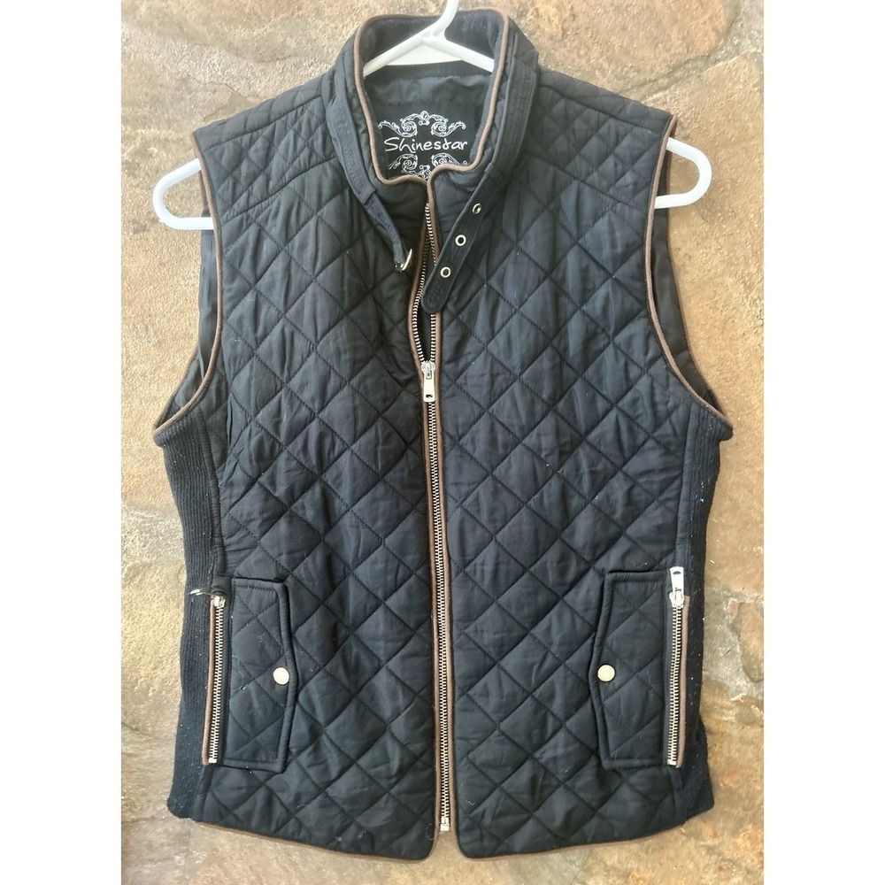 Women's Shinestar Black Quilted Zip Up Vest w/zip pockets Size Medium